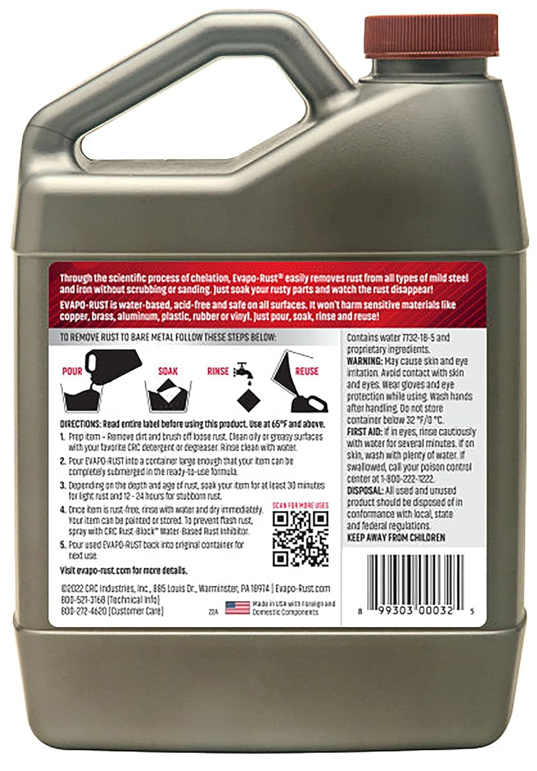 CRC Evapo-Rust, Heavy-Duty Rust Remover, Reusable, Acid-Free, Non-Corrosive, Water-Based, 32 Oz, Removes Rust to Bare Metal