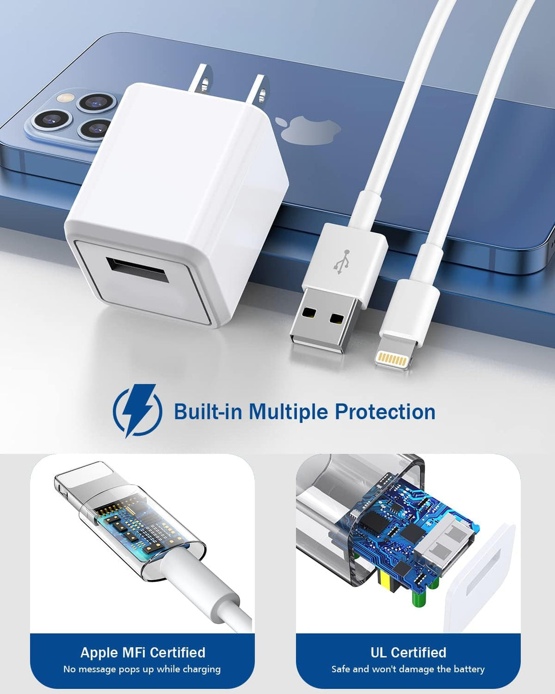 Iphone Charger,Long 6FT Iphone Charger 2Pack Iphone Cord 6Feet USB to Lightning Cable Quick Fast Charging Data Sync Cord USB Wall Charger Block Adapter for Iphone 14/13/12/11/Xs/Xr/X/8/7/5/Se2022/Ipad