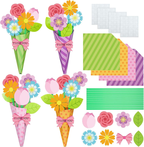 24 Pcs Flower Bouquet Craft Kit Make Your Own Flower Bouquets DIY Mother'S Day Gift Floral Bouquet School Classroom Home Fun Activities with Straw and Floral Paper for Teacher Appreciation Week Gifts