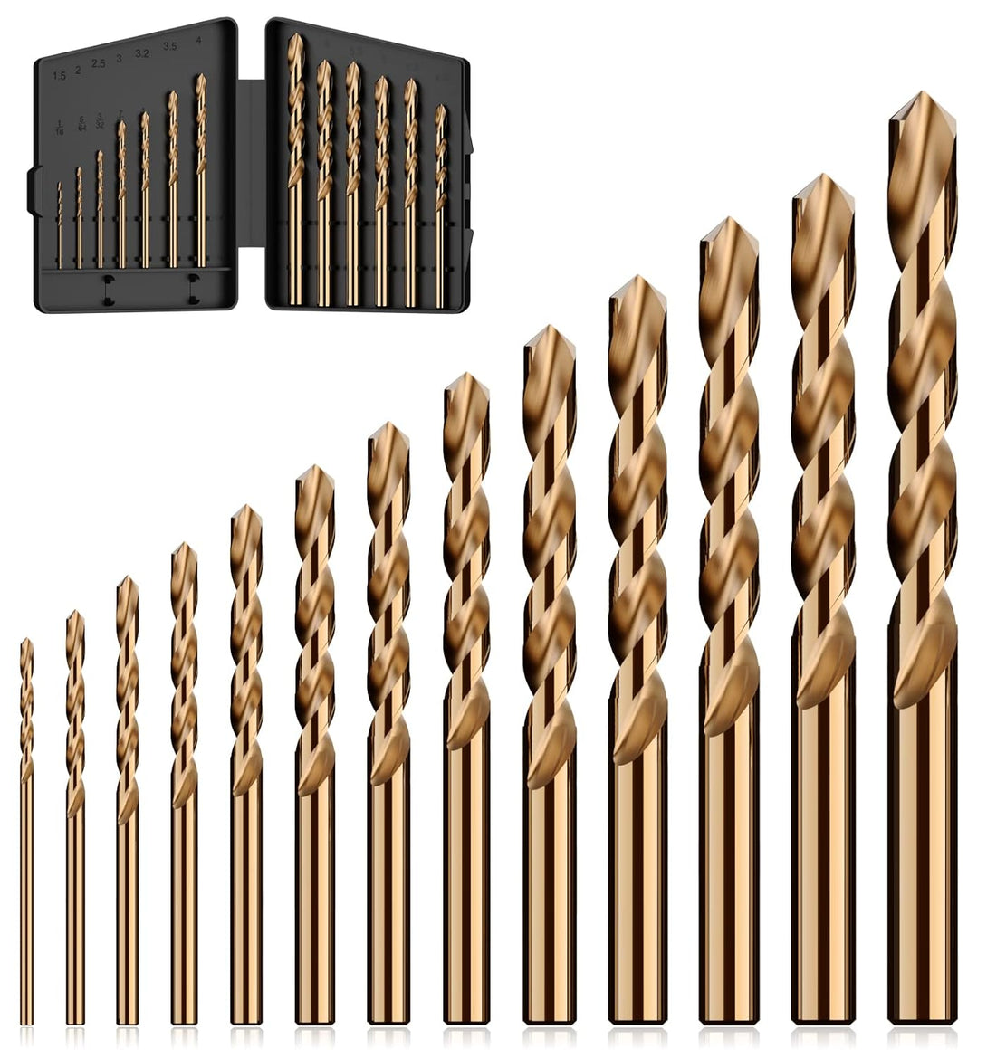 Cobalt Drill Bit Set, 13Pcs M35 High Speed Steel Jobber Length Drill Bit Kit for Hardened Metal, Stainless Steel, Cast Iron, Wood and Plastic, with Index Storage Case, 1/16"-1/4"