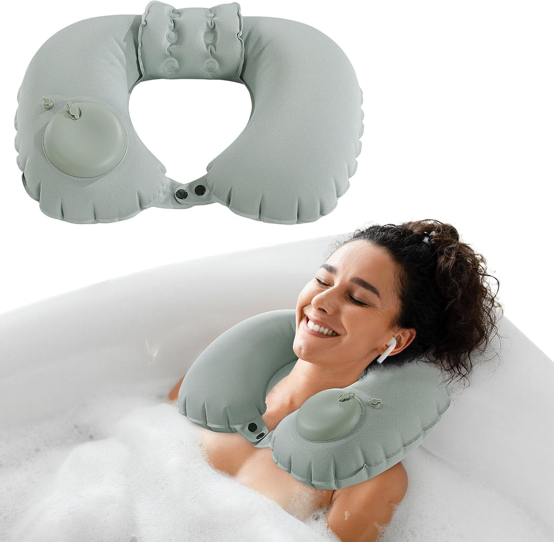 MABOZOO Inflatable Bath Neck Pillows for Tub & Shower - Head & Neck Support, Grey U-Shaped Travel Pillow for Airplane