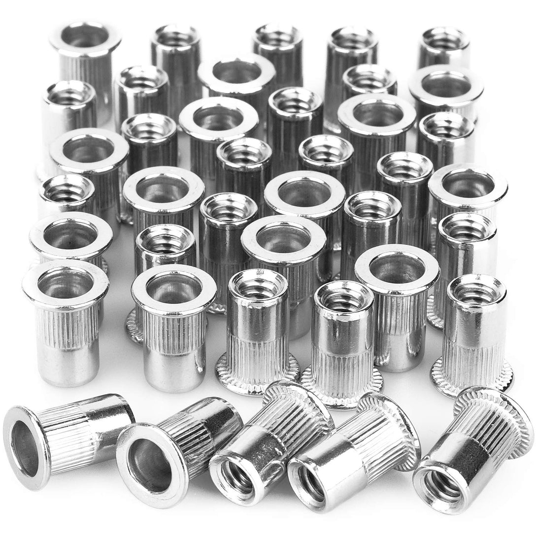 40Pcs 1/4”-20 Rivet Nuts Stainless Steel Threaded Insert Nut 1/4-20UNC Nutsert Rivnuts Flat Head Knurled Body