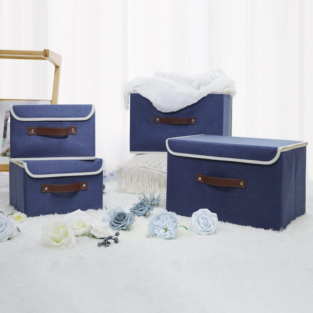 ANMINY 2PCS Storage Bins with Lid PU Leather Handles Storage Boxes PP Plastic Board Decorative Foldable Lidded Cotton Linen Fabric Home Cubes Baskets Closet Organizer Containers - Blue, Small Size
