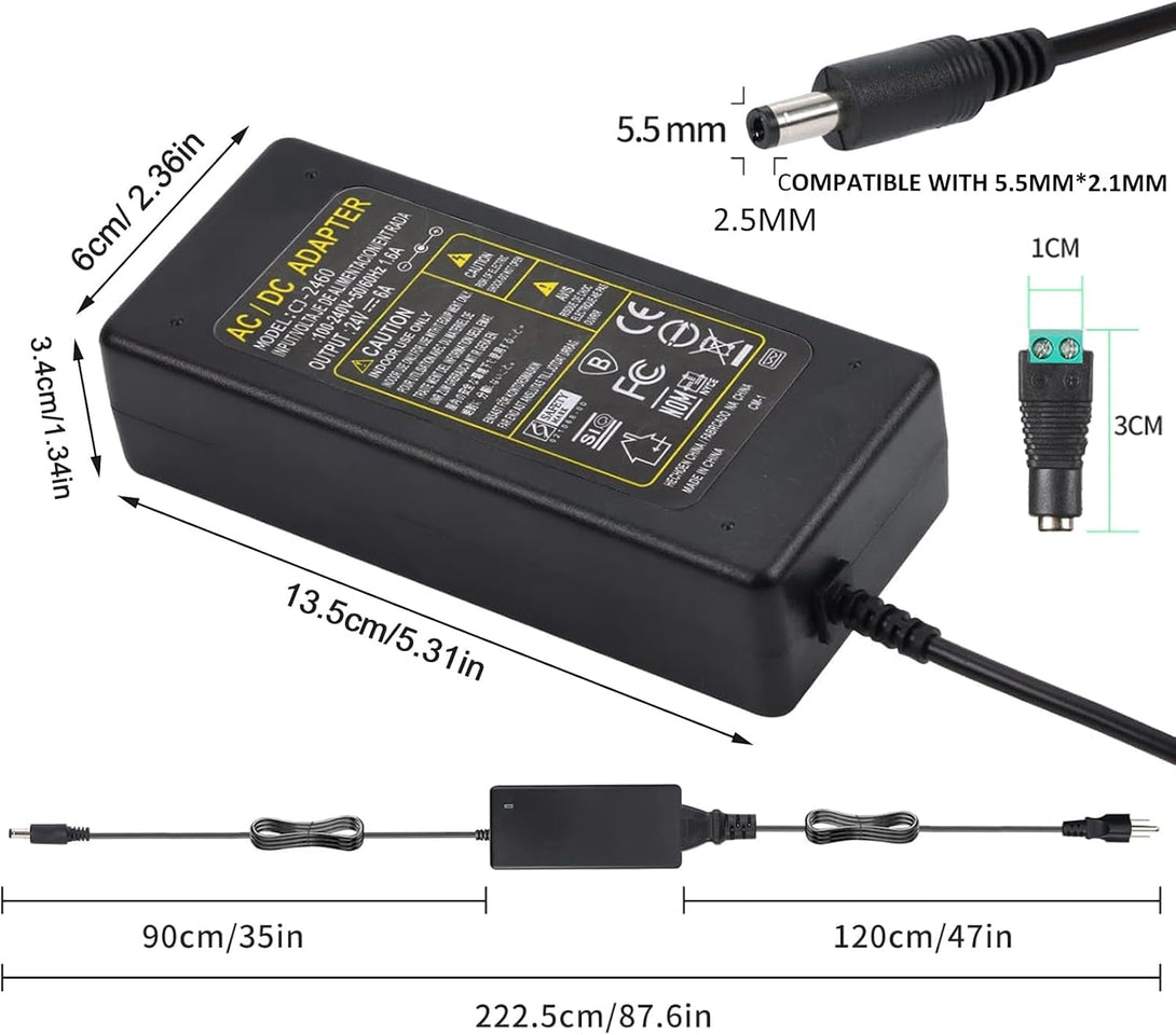 24V DC Power Supply 6A 144W,100-240V AC to DC Adapter with 5.5Mm X 2.5Mm&2.1Mm Output Plug, 24Volt 6Amp Power Supply 5Amp 4Amp 3Amp 2Amp 1Amp Adapter for 24V LED Strip Light, CCTV Cameras, Printer
