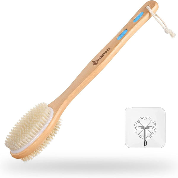 Back Scrubber, 43Cm Long Wooden Double-Sided Shower Body Brush with Soft and Stiff Bristles for Exfoliating Skin