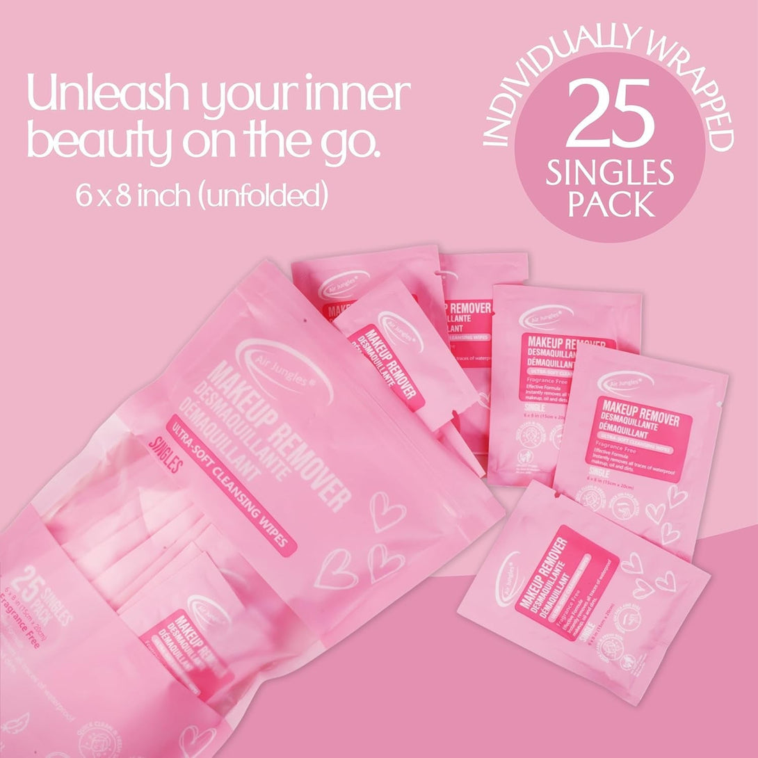 Air Jungles Makeup Remover Wipes Singles 25 Count, Extra Large 6" X 8", Fragrance-Free, Removes Makeup and Oil, Ultra Soft Cleansing Wipes, Alcohol Free