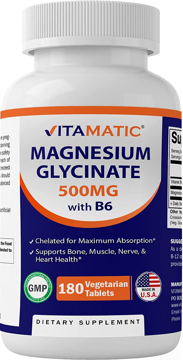 Vitamatic Magnesium Glycinate 500Mg per Tablet - 180 Vegetarian Tablets (Uncoated) - Added B6 for Maximum Absorption - Supports Muscle, Joint, and Heart Health*