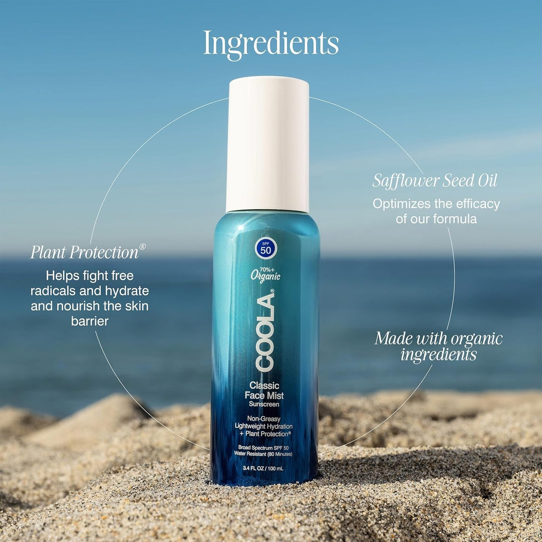 COOLA Organic Sunscreen SPF 50 Sunblock Face Mist, Dermatologist Tested Skin Care for Daily Protection, Vegan and Gluten Free, Natural Fragrance, 3.4 Fl Oz