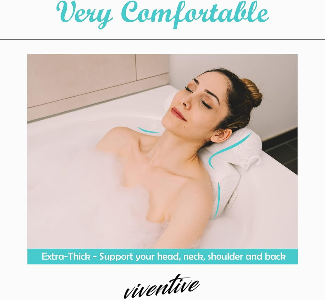 Luxury Bath Pillow for Tub - Non-Slip and Extra-Thick, Head, Neck, Shoulder and Back Support. Soft and Large Comfort Bathtub Pillow Cushion Headrest for Relaxation - Fits Any Tub Made of 3D Mesh