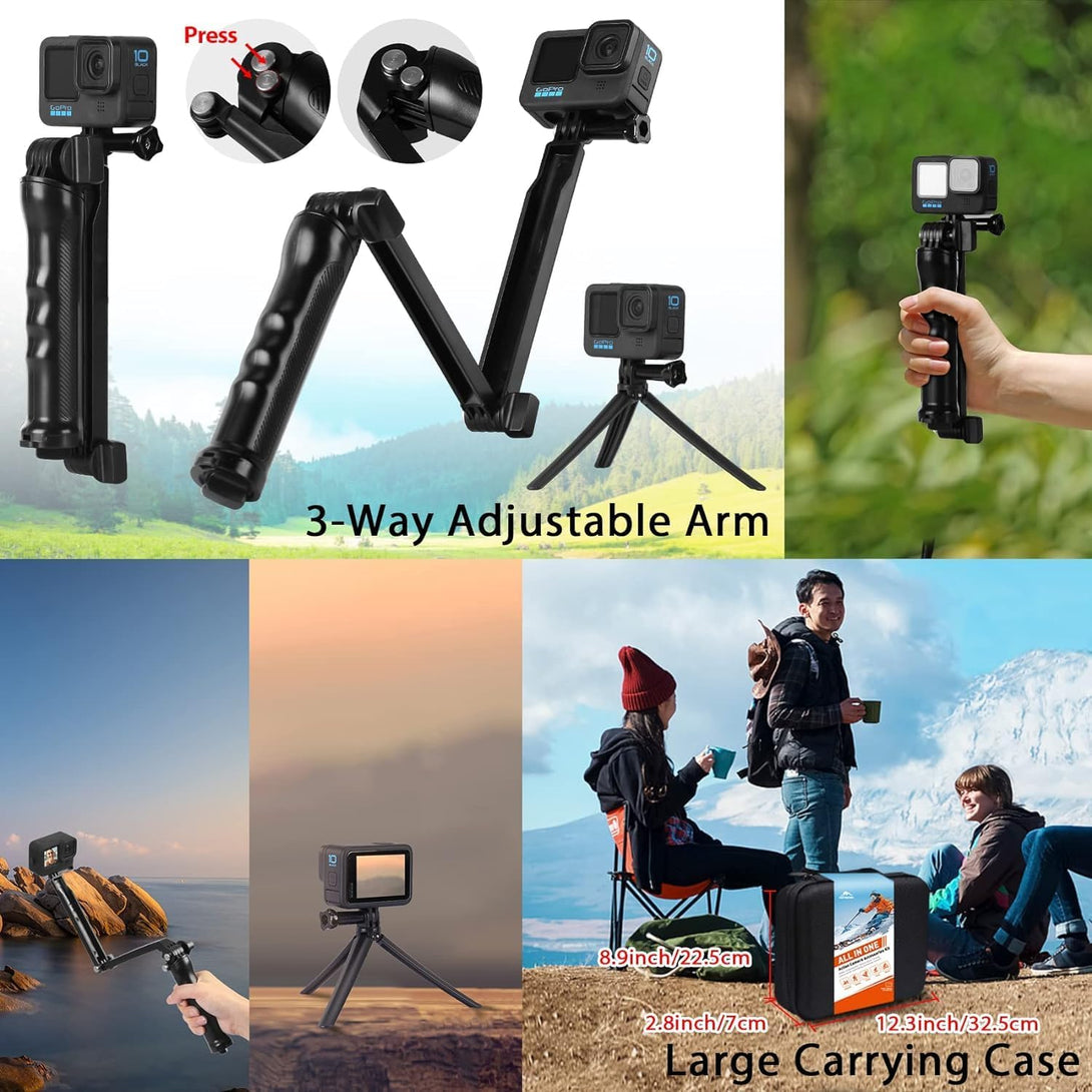 HONGDAK Action Camera Accessories Kit for Gopro Hero 12 11 10 9 Black, Waterproof Housing+Silicone Case+3Way Adjustable Arm+Head Chest Wrist Strap+Bike Mount+Suction Cup+Floating Grip Bundle Set 63In1