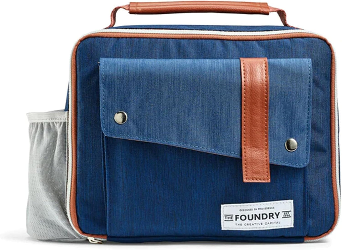 Fit & Fresh Foundry, Gaspee Adult Insulated Lunch Bag with Side & Front Pouches, Complete Lunch Kit Includes 6 Containers, Denim