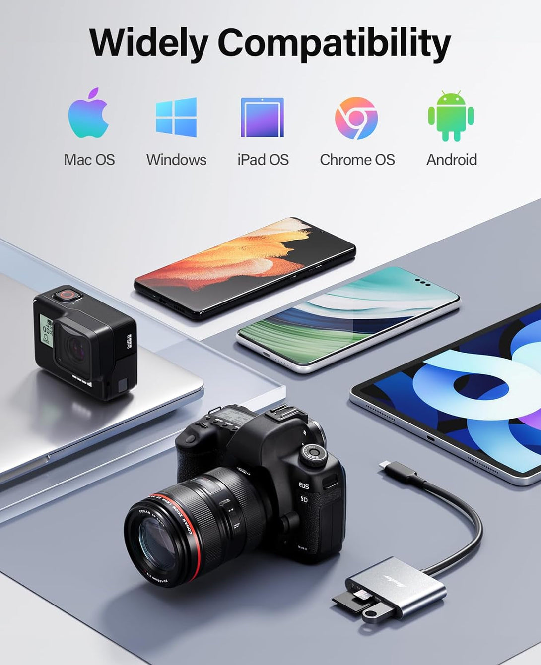 Hicober USB C to SD, Micro SD Memory Card Reader, Type C to SD Card Reader Adapter 2TB Capacity for Macbook Camera Android Windows Linux and Other Type C Device-Space Grey