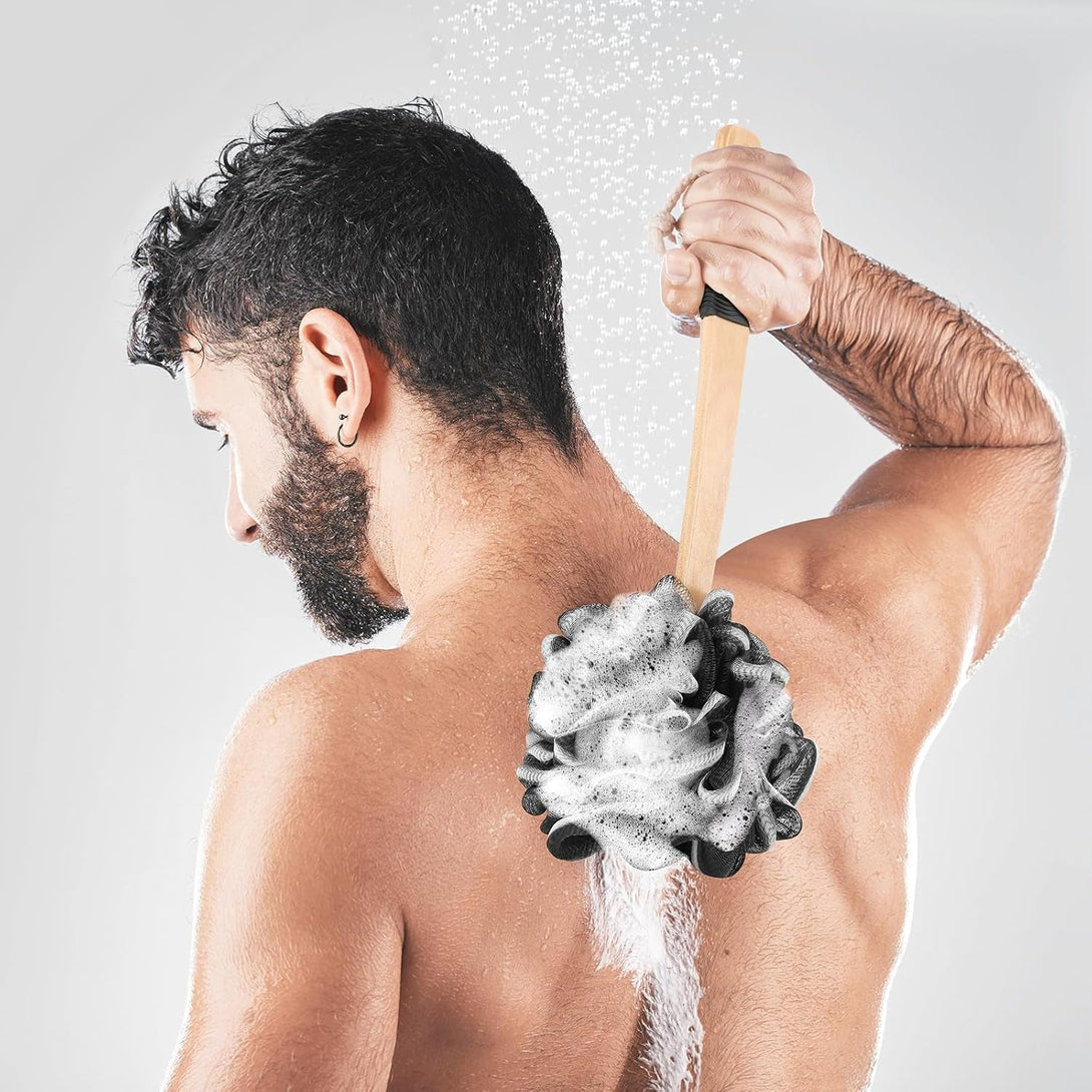 Black Loofah on a Stick PE Soft Mesh Luffa with Non-Slip Wooden Handle Made of Soft and Sturdy Rubber Material Back Scrubber for Shower for Women and Men with String for Easy Hanging