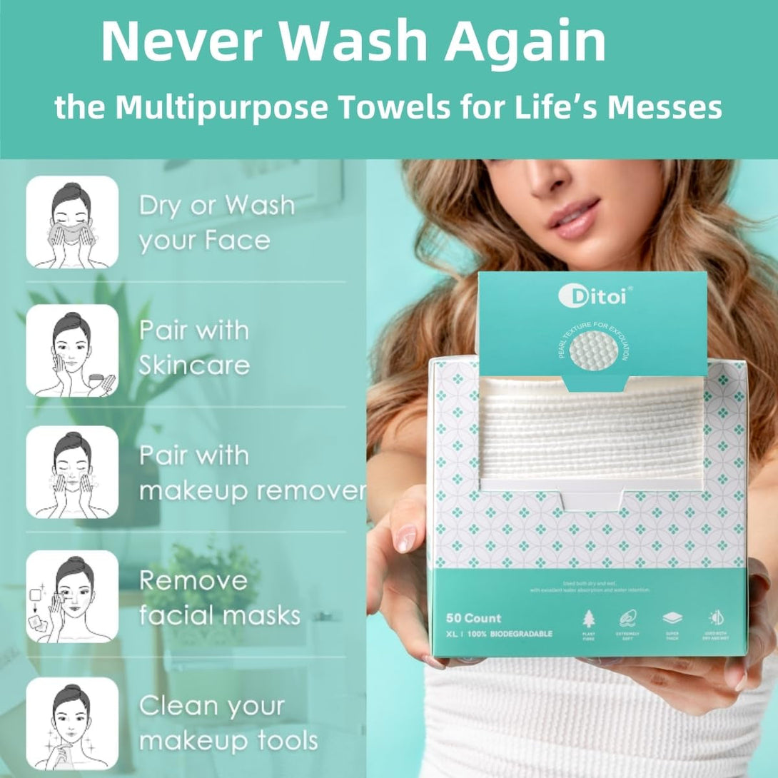 Disposable Face Towels,Ultra Thick Face Towelettes XL, Lint-Free Facial Wipes for Makeup Removal & Gentle Skin Care,50 Count, 10"×12", Pearl-Textured,Eco-Friendly