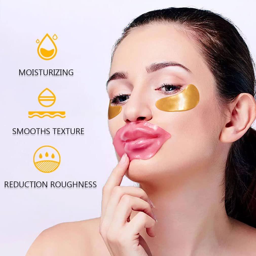 30 Pairs Lip Masks & Eye Masks, 24K Gold Gel Crystal Collagen Eye Pads, Moisturizing Lip Mask Crystal Lip Pads, under Eye Patches for Puffy Eyes, Dark Circles, Eye Bags, Wrinkles and Fine Lines