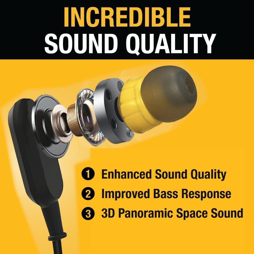 DEWALT Heavy Duty Neckband Bluetooth Earbuds, Wireless Bluetooth 5.2 Headphones W/Microphone, Lightweight Comfort, IP56 Waterproof, Deep Bass Strong Beat, 20H Playtime, Jobsite Behind-Neck Earphones