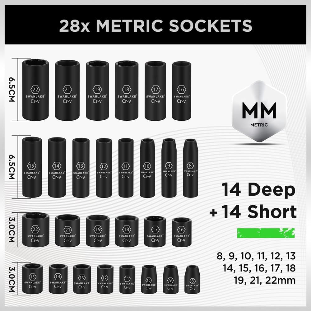 SWANLAKE 3/8" Drive Impact Socket Set, 50-Piece Standard SAE (5/16 to 3/4 Inch) and Metric (8-22Mm) Size, 6 Point, Cr-V, 3/8-Inch Ratchet Handle, Extension Bar, Universal Joint