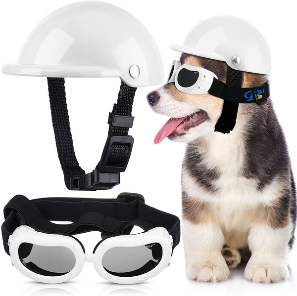 Pet Dog Helmet and Dog Goggles Set 4 Inch Padded Pet Motorcycle Helmet Dog Sunglasses Safety Pet Cap Dog Hard Hat Adorable Puppy Goggles with Adjustable Belt for Small Dog Riding,S Size (White)