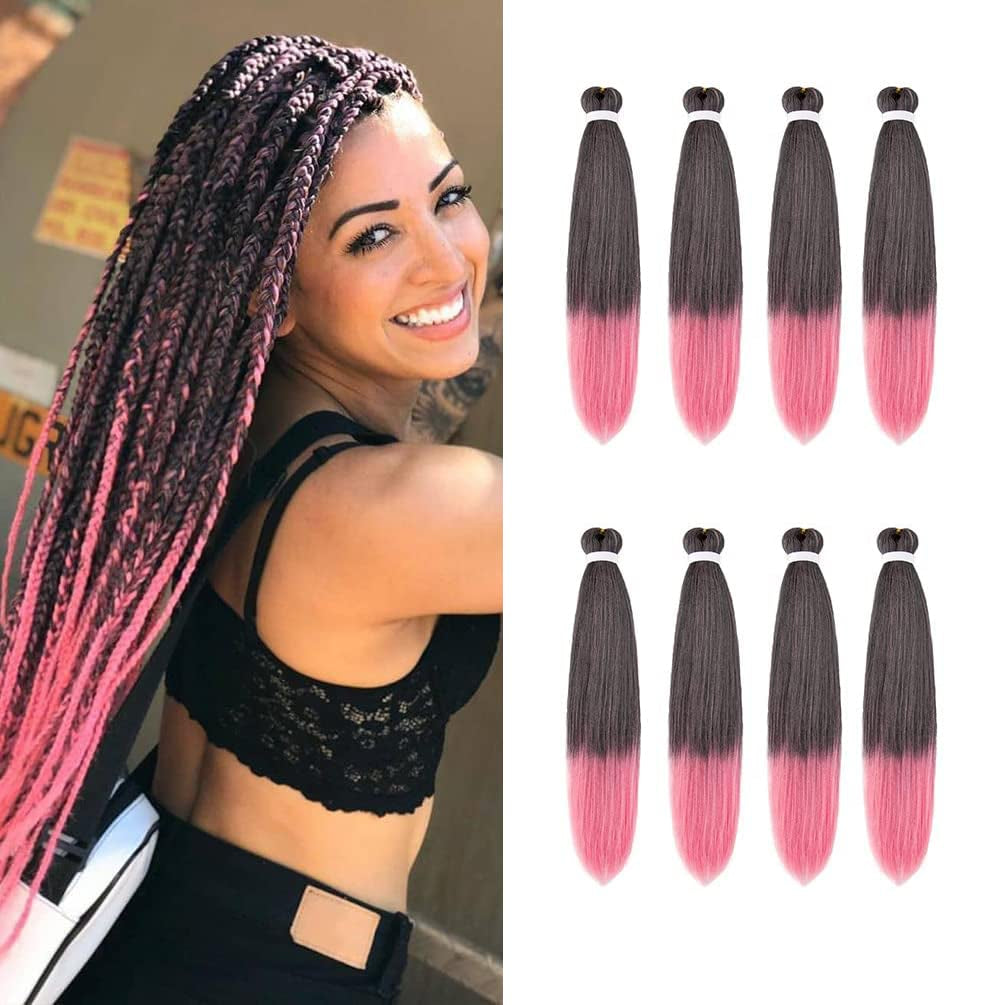 8 Pack Ombre Braiding Hair Pre Stretched - 16" 55G/Pack Premium Pre Stretched Braiding Hair Extensions, Professional Itch Free Perm Yaki Texture Prestretched Hair(1Bpink)