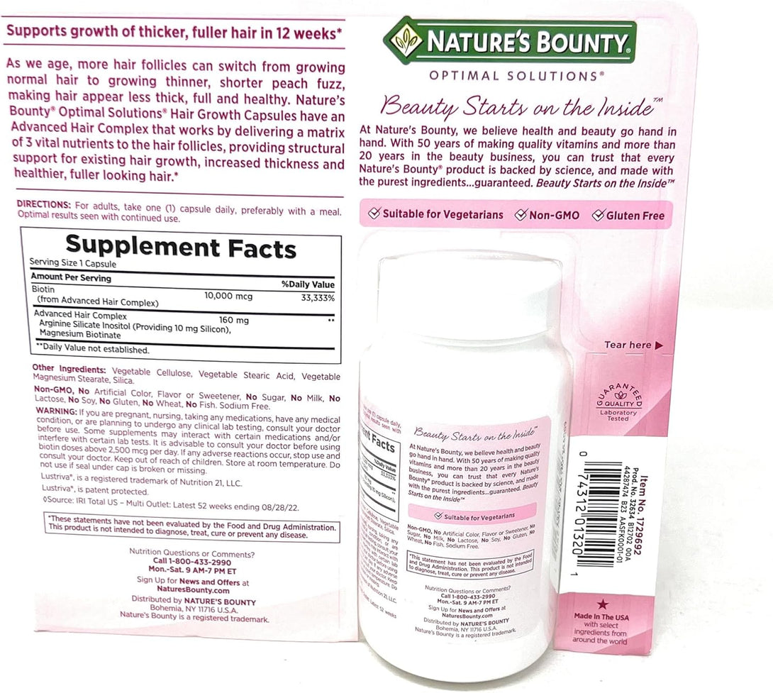 Nature'S Bounty Hair Growth Supplement, 1 per Day, Clinically Shown to Support Thicker, Fuller Hair, with Biotin, Silicon & Arginine, 90 Capsules