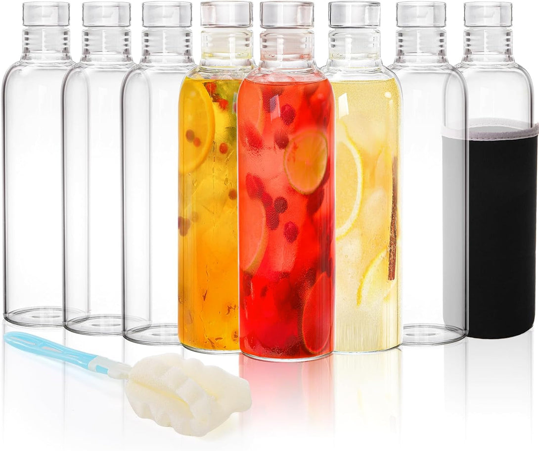8 Pack Glass Water Bottles with Lids, 16 Oz Clear Glass Juice Bottles with Protective Sleeve Brush, Leak Proof Reusable Refillable Bottles Empty Container for Juice, Milk, Coke, Sodas