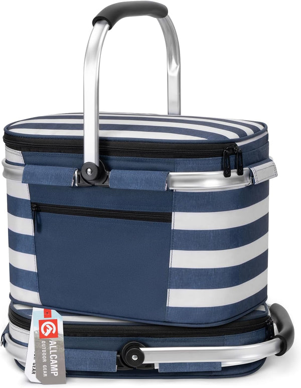 ALLCAMP Insulated Picnic Baskets Shoping Basket Cooler Bag Collapsible Portable Picnic Basket (Blue White Stripe)