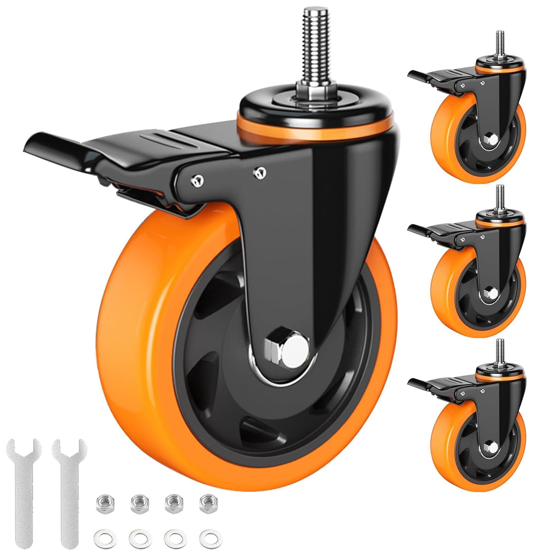 Stem Caster Wheels 4 Inch Heavy Duty Threaded Stem Casters UNC 3/8"-16 X 1 Swivel Casters Set of 4 with Safety Dual Locking Wheel for Furniture and Cart