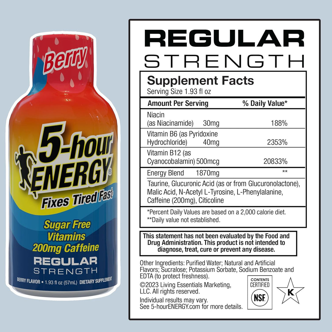 5-Hour ENERGY Regular Strength Energy Shot, Berry Flavor, Zero Calories & Sugar-Free 200 Mg Caffeinated Shot, Amino Acids & B Vitamins, Dietary Supplements, 1.93 Oz., 24 Count