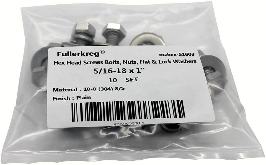 (10 Sets) 5/16-18X1" Stainless Steel Hex Head Screws Bolts, Nuts, Flat & Lock Washers, 18-8 (304) S/S, Fully Threaded by Bolt Fullerkreg