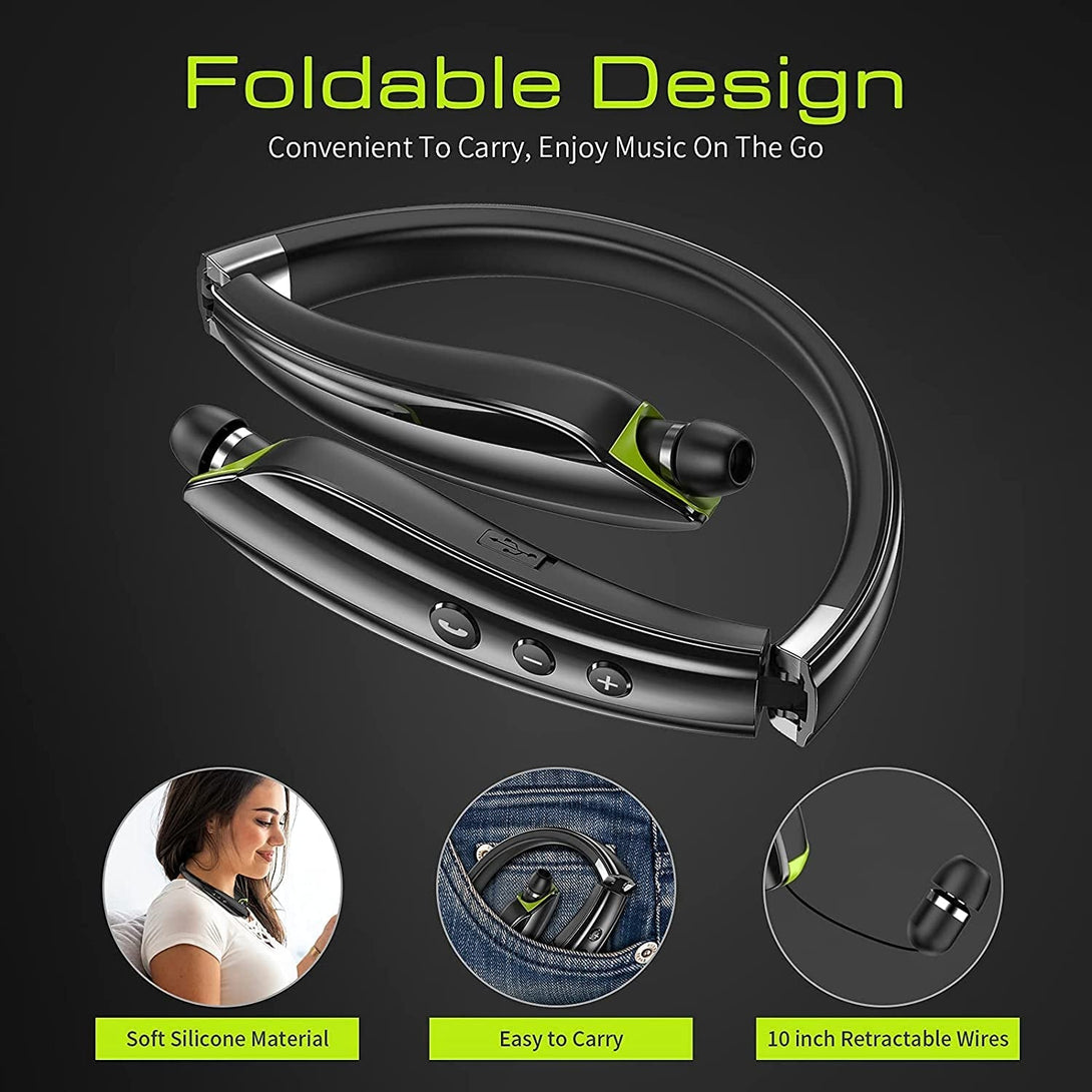Bluetooth Headset, 2025 Upgraded Neckband Bluetooth Headphones with Retractable Earbuds, Noise Cancelling Stereo Earphones with Mic, Foldable Wireless Headphones for Sports Office with Carry Case