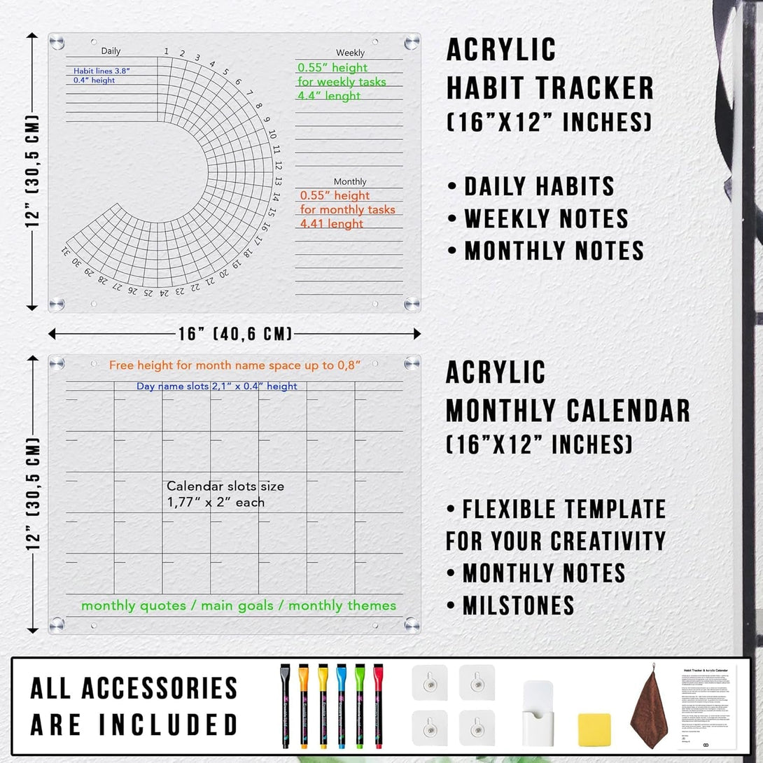 Acrylic Calendar and Habit Tracker Set - Clear Magnetic Calendar for Fridge - Clear Magnetic Planner for Refrigerator - Acrylic Dry Erase Board for Wall with Pens, Holder, Eraser - the Goal Tracker