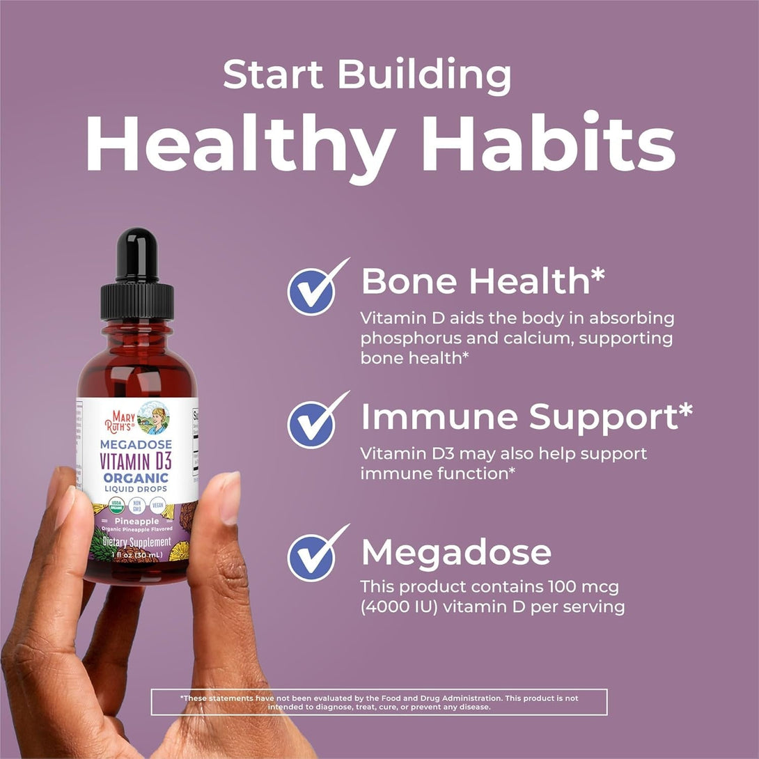 Maryruth Organics Vitamin D3 Liquid Drops | Megadose 4000 IU | USDA Organic Liquid Vitamin D Spray for Adults & Kids | Immune Support & Bone Health | Vegan | Gluten Free | Non-Gmo | 30 Servings