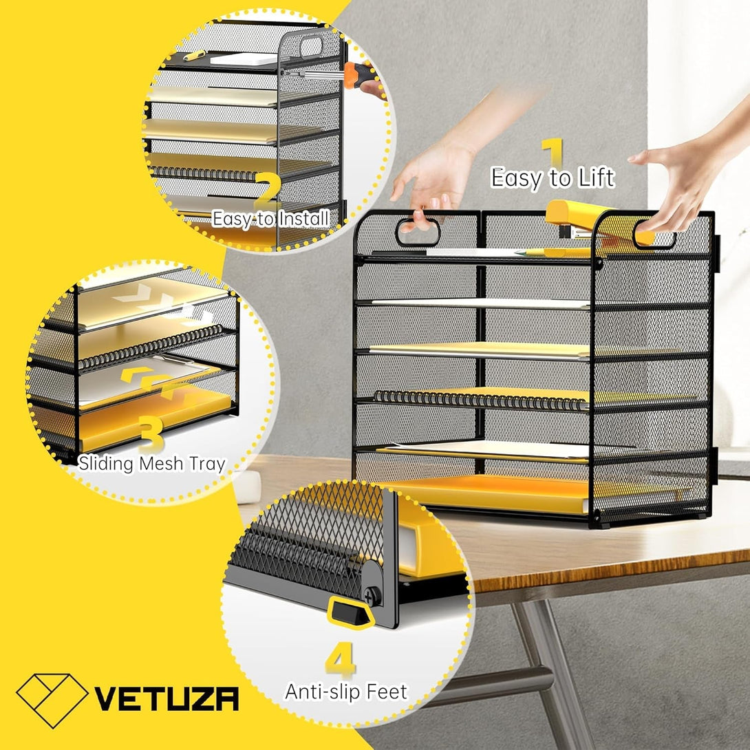 6 Tier Desk Paper Letter Organizer Tray, Mesh File Organizer, Letter Tray for Office & Home (1, Black)