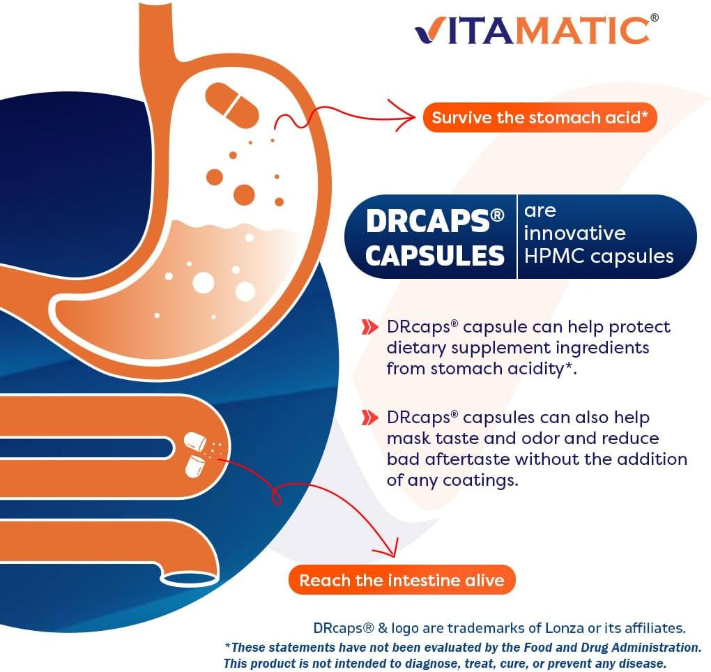 Vitamatic Lactobacillus Salivarius 2 Billion per DR Capsule - 60 Count - Digestive Support - Made with Prebiotic Inulin Fiber (1 Bottle)
