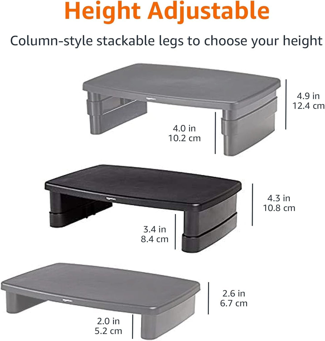 Amazon Basics Height Adjustable Rectangular Computer Monitor Riser Desk Stand with Storage for Reduced Neck Strain - Fits Monitors, Laptops up to 22Lbs, Black