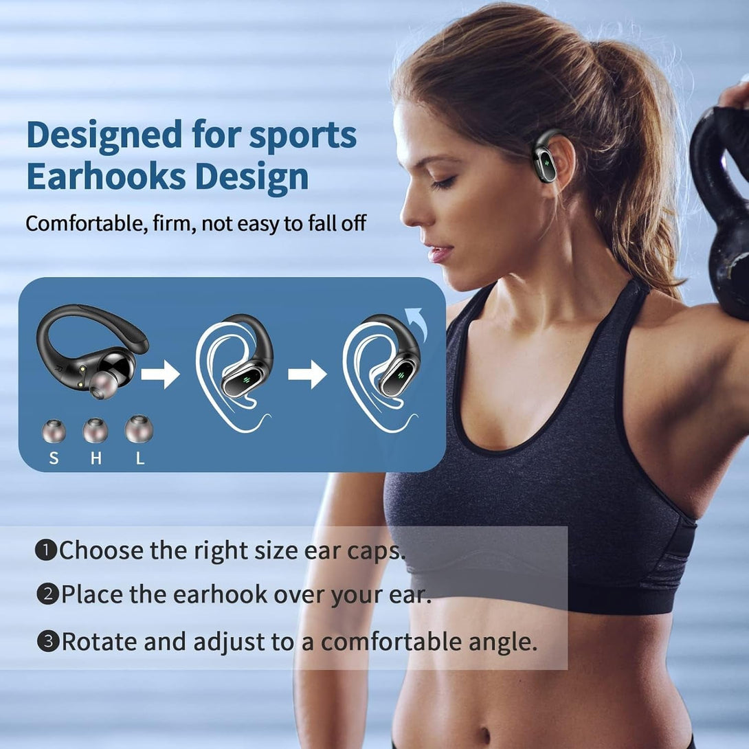 Wireless Earbuds, 2025 Bluetooth 5.4 Headphones Sport, Bluetooth Earbuds with ENC Noise Canceling Mic, 75H Stereo Wireless Headphones IP7 Waterproof with Earhooks, Dual LED Display for Workout/Running
