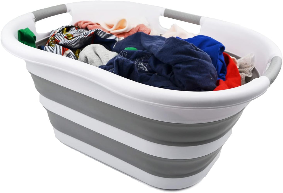 SAMMART 40L (10.5 Gallon) Collapsible Plastic Laundry Basket - Foldable Pop up Storage Container/Organizer - Portable Washing Tub - Space Saving Hamper/Basket (1, White/Grey)