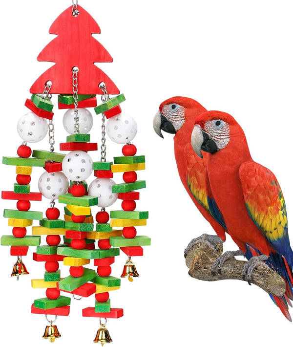 MEWTOGO Christmas Large Bird Toy - Natural Wooden Parrots Toys with Colorful Edible Blocks for Macaw African Grey Amazon Parrots, Parrot Chewing Toy for Xmas Gifts Bird Playing (Red)