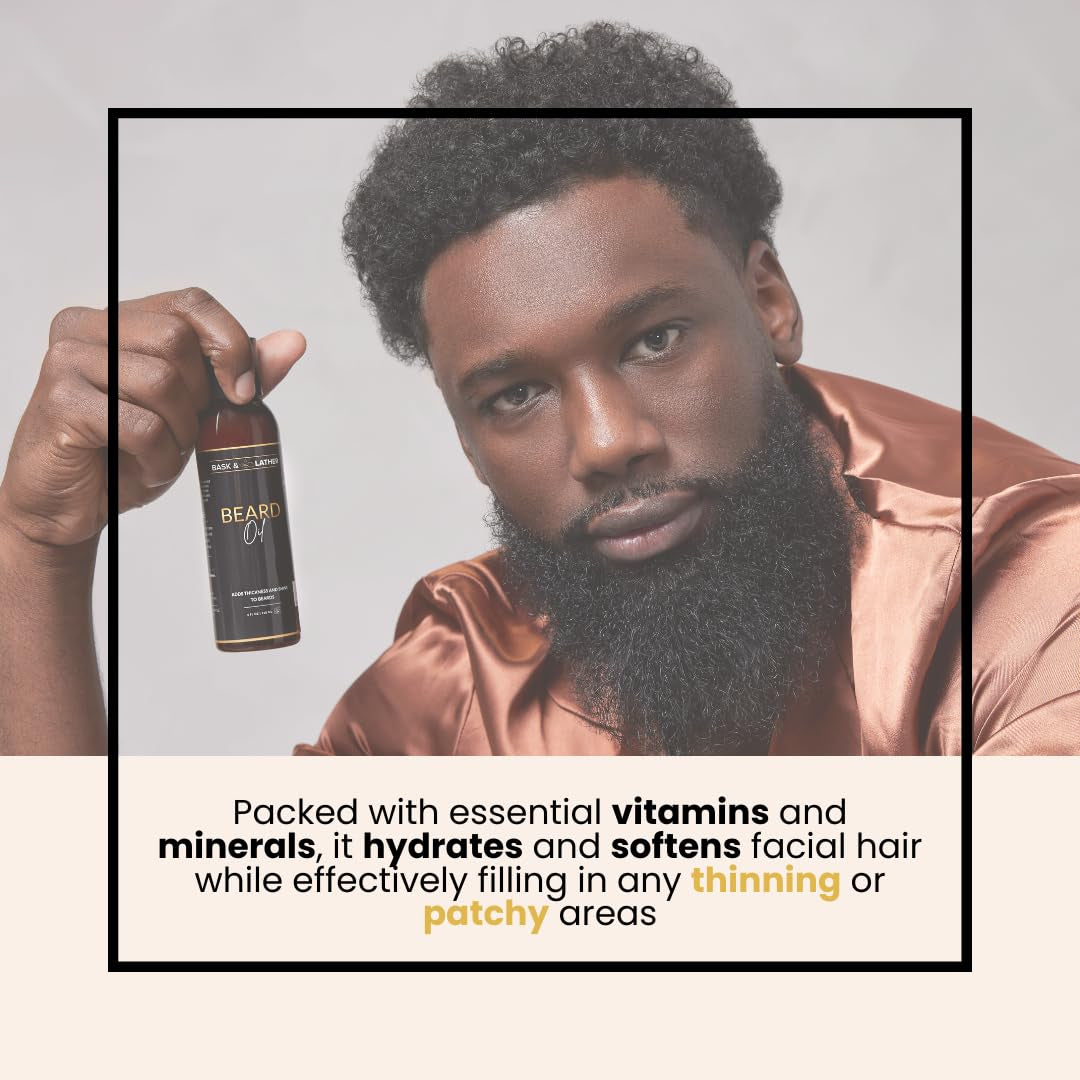 Bask & Lather Beard Growth Oil, Frizz Free Hair Oil for Men Beard Care with Vitamins & Natural Ingredients to Hydrate, Smooth & Soften for Shiny, Thicker Fuller Beard Hair and Texture, 4 Fl Oz