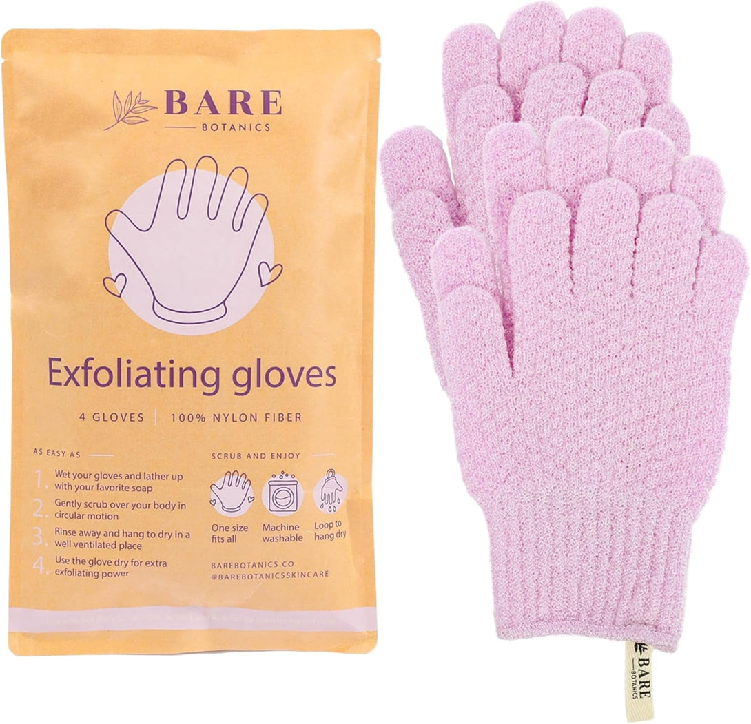 Bare Botanics 4 Pack Exfoliating Gloves for Shower (Lavender) - 100% Nylon Fibers - Exfoliating Bath Gloves - Shower Scrubber & Dead Skin Remover - Perfect for Wet & Dry Exfoliation