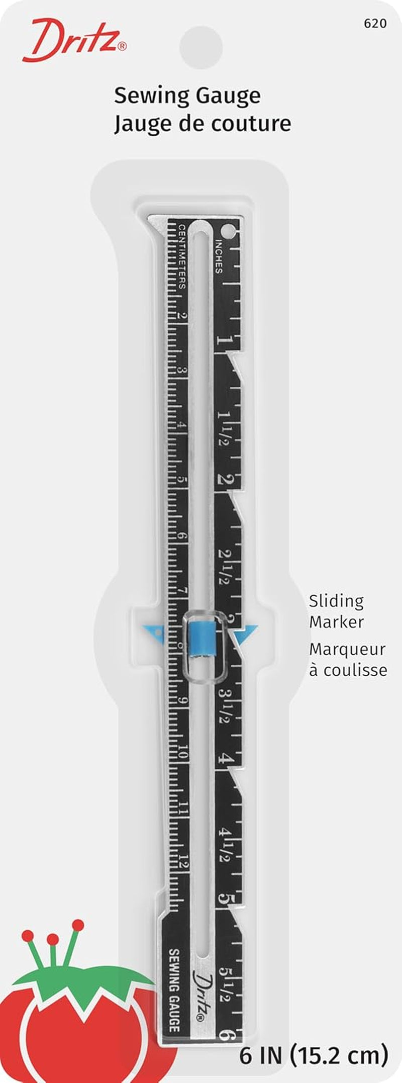 Dritz 6" Sliding Marker Sewing Gauge, Nickel with Black Printing and Blue Slider