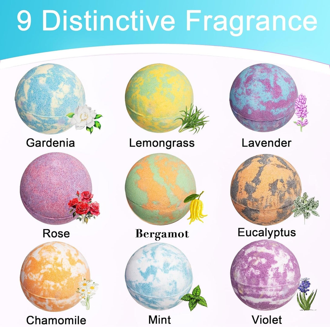 Bath Bomb for Women, 9Pcs Handmade Bubble Bathbombs with Natural Essential Oils, Coco Butters, Holiday Gift for Mother, Wife, Girlfriend, Floral Scents, Rich Bubble and Relaxing Spa Bath