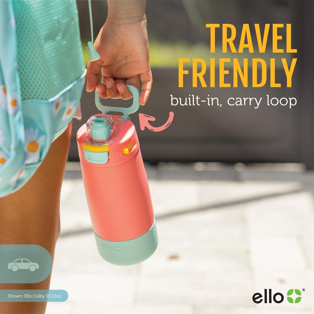 Ello Kids Colby 12Oz Stainless Steel Insulated Water Bottle with Straw and Built-In Silicone Coaster Carrying Handle and Leak-Proof Locking Lid for School Backpack, Lunchbox, and Outdoor Sports