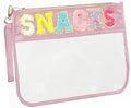 Clear Zipper Pouch for Travel Snacks Bag Nylon Clear Cosmetic Bag Makeup Travel Bag for Women with Glitter Patch Letters (Pink-Snacks) FS-SNACKS