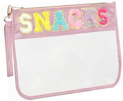 Clear Zipper Pouch for Travel Snacks Bag Nylon Clear Cosmetic Bag Makeup Travel Bag for Women with Glitter Patch Letters (Pink-Snacks) FS-SNACKS
