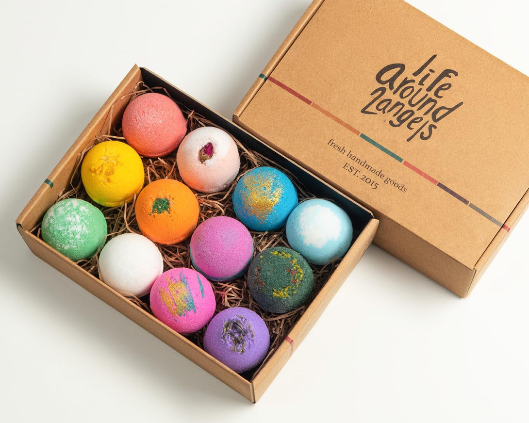 Lifearound2Angels Bath Bombs Gift Set 12 USA Made Fizzies, Shea & Coco Butter Dry Skin Moisturize, Perfect for Bubble Spa Bath. Handmade Birthday Mothers Day Gifts Idea for Her/Him, Wife, Girlfriend