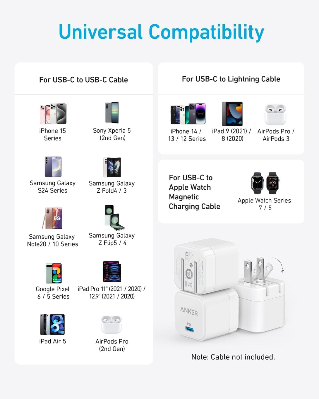 Anker USB C Charger with Foldable Plug, 20W USB C Charger Block for Iphone 16 / 15 and More Series, Galaxy, Pixel, Ipad (Cable Not Included, 2 Pack)