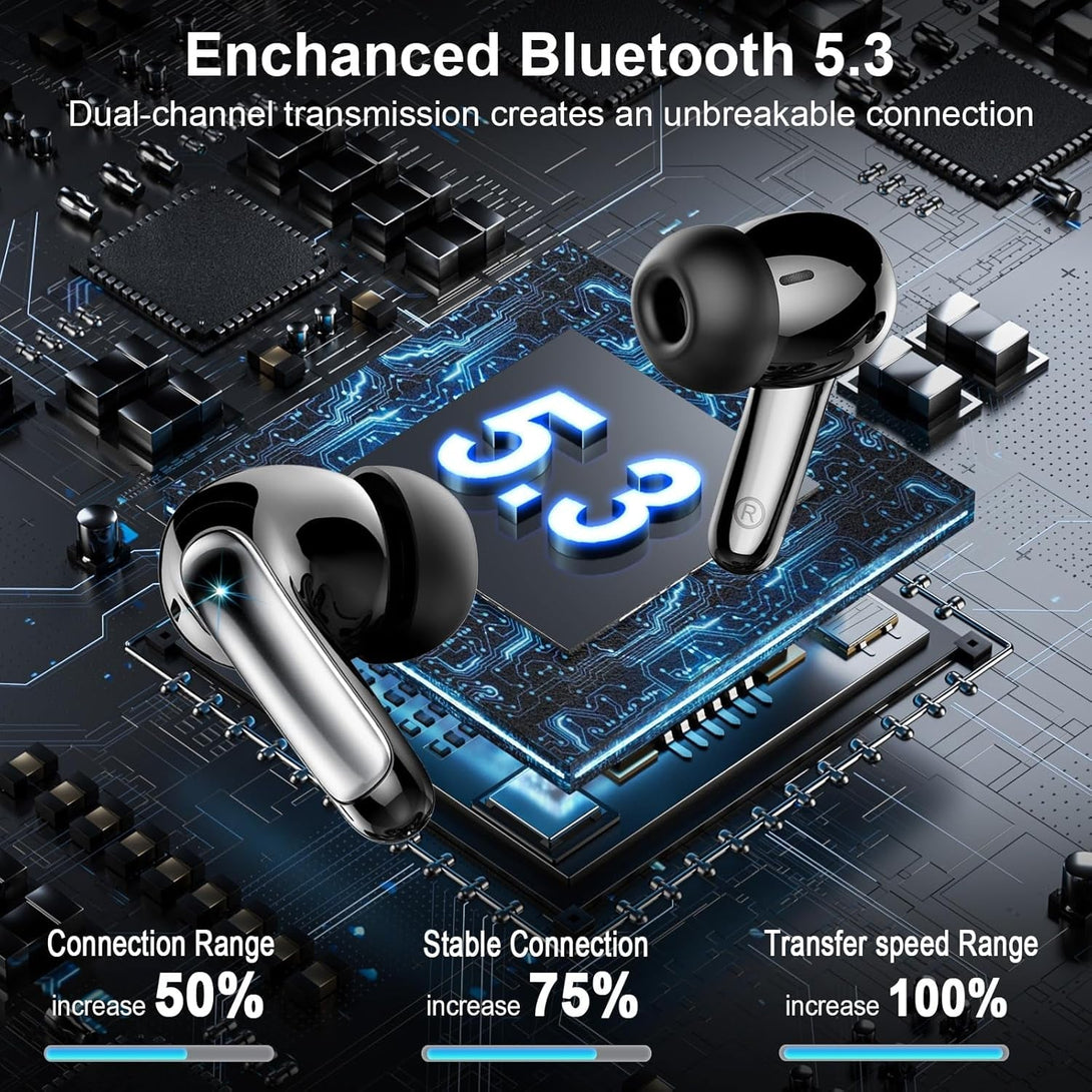 Wireless Earbuds Bluetooth 5.3 Headphones 48H Stereo Earphones in Ear with 4 ENC Mic Clear Calls, Noise Cancelling Ear Buds with LED Display Charging Case, IP7 Waterproof Sport Headset for Android Ios