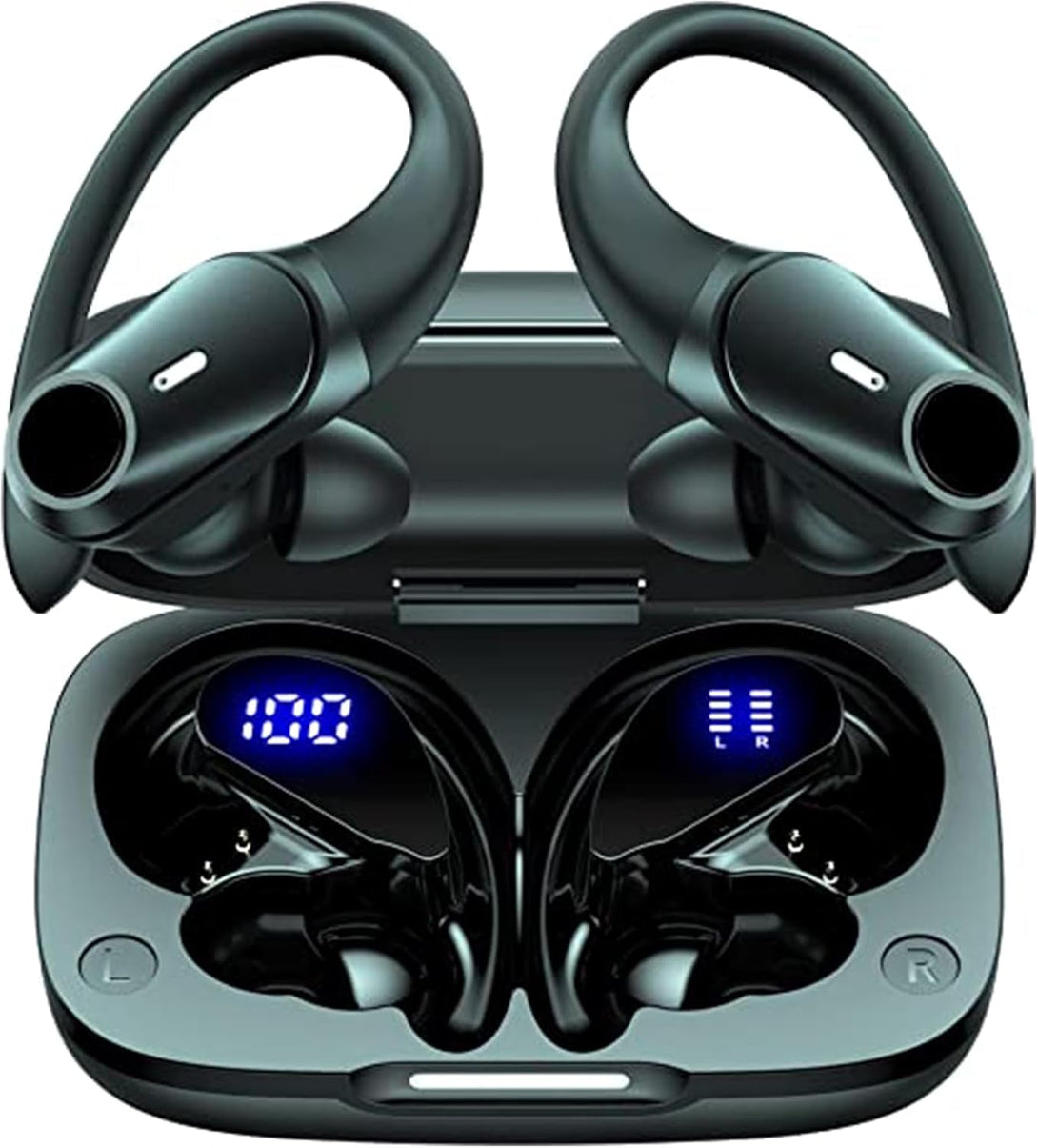 T59 Bluetooth Headphones Wireless Earbuds 72Hrs Playtime Wireless Charging Case Digital Display Sports Ear Buds with Earhook Premium Deep Bass IPX7 Waterproof In-Ear Earphones Black