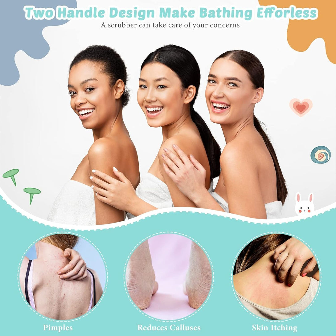 4 Pack Exfoliating Washcloth Back Scrubber Set, 2 Exfoliating Body Scrubber Nylon Back Body Scrub Towel, 2 Pairs Shower Gloves for Women Men Bath Shower Exfoliation(Pink, Light Blue, Green)